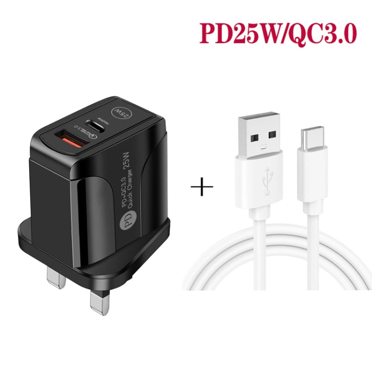 PD25W USB-C / Type-C + QC3.0 USB Dual Ports Fast Charger with USB to Type-C Data Cable, UK Plug(White) - USB Charger by buy2fix | Online Shopping UK | buy2fix