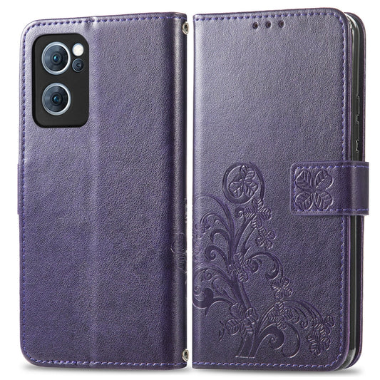 For OPPO Reno7 5G Four-leaf Clasp Embossed Buckle Leather Phone Case(Purple) by buy2fix