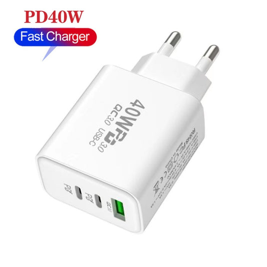 40W Dual PD + QC3.0 Ports Travel Charger for Mobile Phone Tablet(White EU Plug) by buy2fix