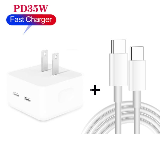 PD 35W Dual USB-C / Type-C Ports Charger with 2m Type-C to Type-C Data Cable, US Plug by buy2fix