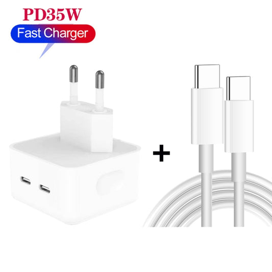 PD 35W Dual USB-C / Type-C Ports Charger with 1m Type-C to Type-C Data Cable, EU Plug by buy2fix