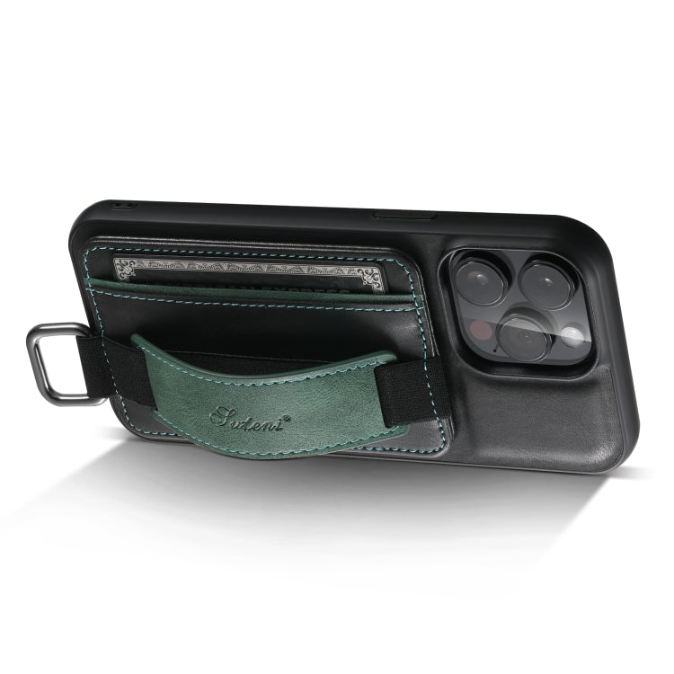 For iPhone 14 Suteni H13 Card Wallet Wrist Strap Holder PU Phone Case(Black) - iPhone 14 Cases by Suteni | Online Shopping UK | buy2fix