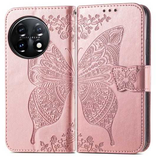 For OnePlus 11 Butterfly Love Flower Embossed Flip Leather Phone Case(Rose Gold) by buy2fix
