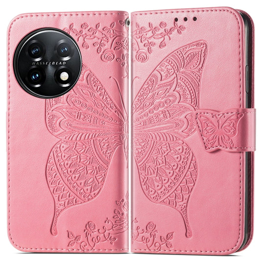 For OnePlus 11 Butterfly Love Flower Embossed Flip Leather Phone Case(Pink) by buy2fix