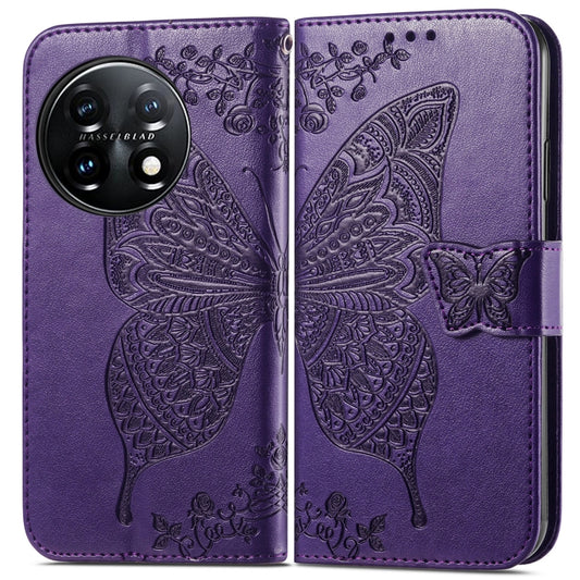 For OnePlus 11 Butterfly Love Flower Embossed Flip Leather Phone Case(Dark Purple) by buy2fix
