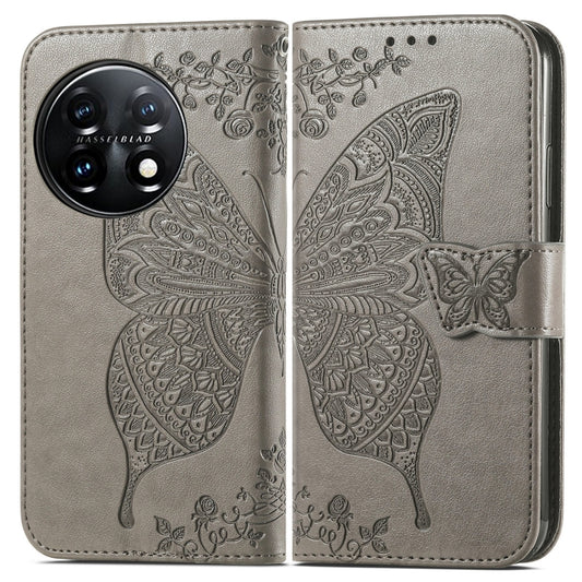 For OnePlus 11 Butterfly Love Flower Embossed Flip Leather Phone Case(Gray) by buy2fix