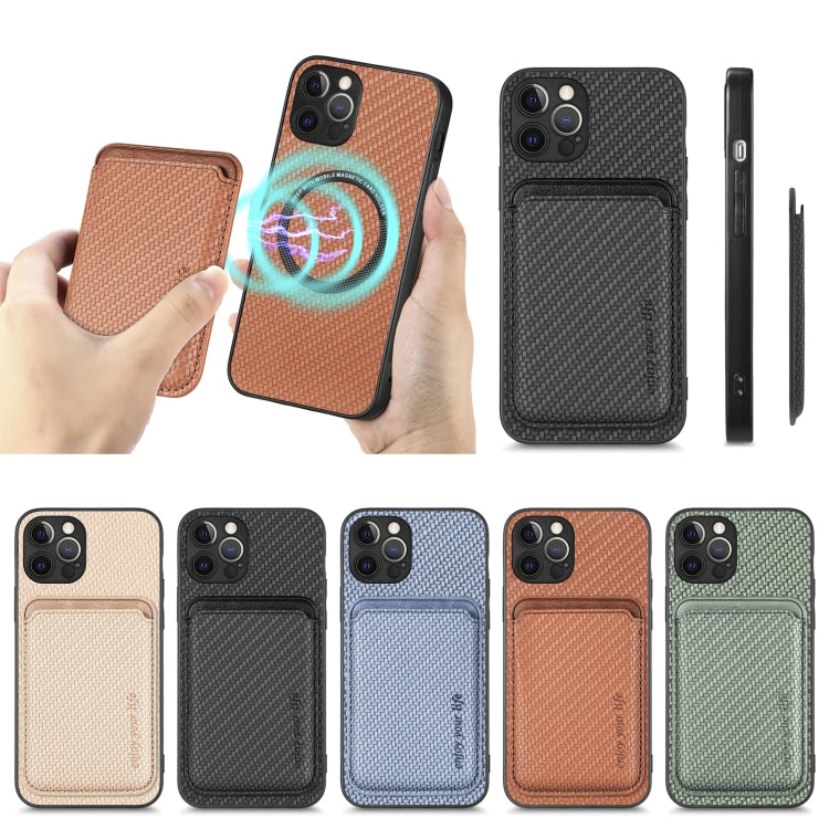 For iPhone 12 Pro Carbon Fiber Leather Card Magsafe Magnetic Phone Case(Brown) by buy2fix