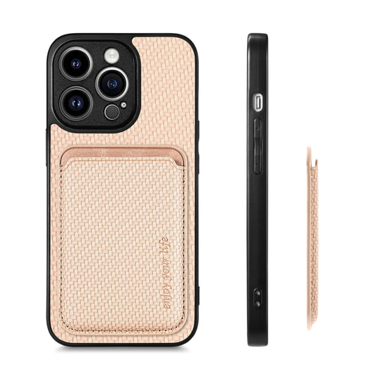 For iPhone 13 Pro Carbon Fiber Leather Card Magsafe Magnetic Phone Case(Khaki) by buy2fix