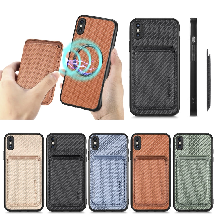 For iPhone X / XS Carbon Fiber Leather Card Magsafe Magnetic Phone Case(Brown) by buy2fix
