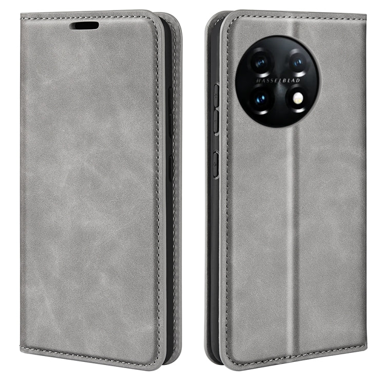 For OnePlus 11 Retro-skin Magnetic Suction Leather Phone Case(Grey) - OnePlus Cases by buy2fix | Online Shopping UK | buy2fix