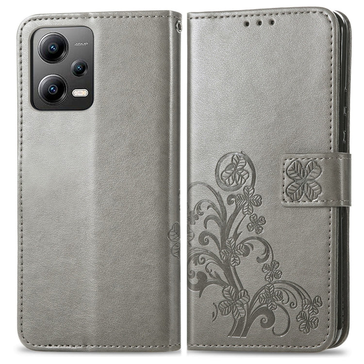 For Xiaomi Poco X5 Four-leaf Clasp Embossed Leather Phone Case(Gray) - Xiaomi Cases by buy2fix | Online Shopping UK | buy2fix