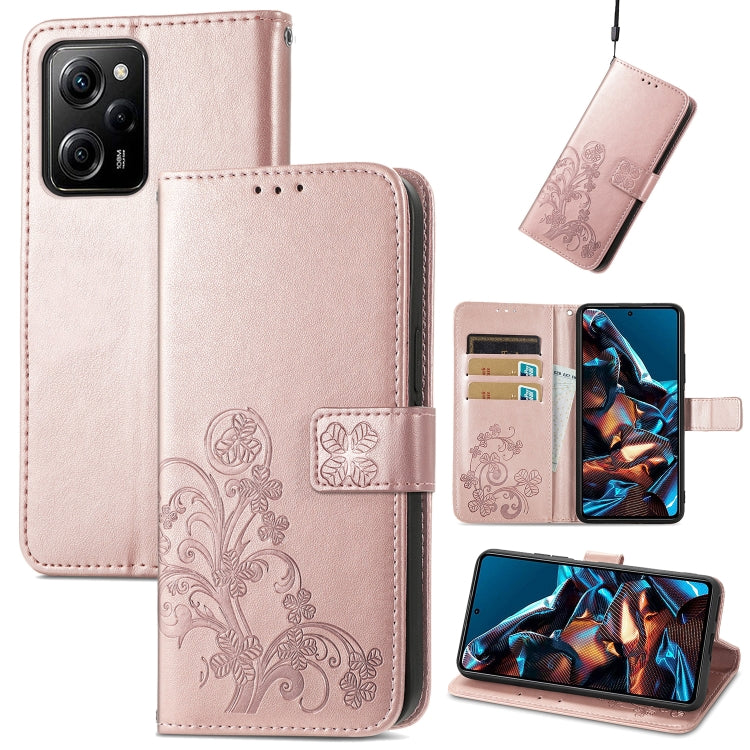 For Xiaomi Poco X5 Pro Four-leaf Clasp Embossed Leather Phone Case(Rose Gold) - Xiaomi Cases by buy2fix | Online Shopping UK | buy2fix