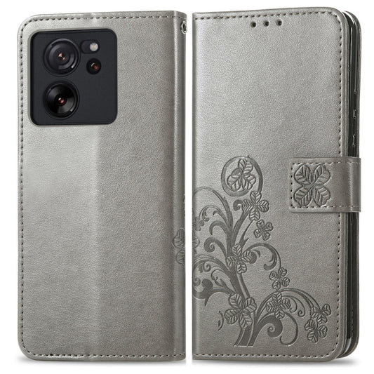 For Xiaomi 13T / 13T Pro Four-leaf Clasp Embossed Leather Phone Case(Gray) by buy2fix