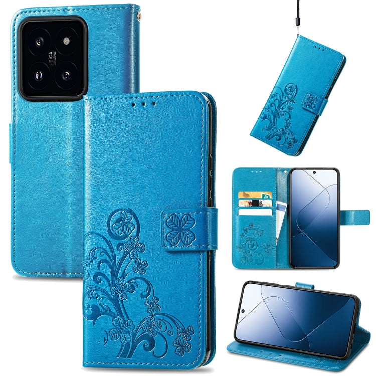For Xiaomi 14 Four-leaf Clasp Embossed Leather Phone Case(Blue) - Xiaomi Cases by buy2fix | Online Shopping UK | buy2fix