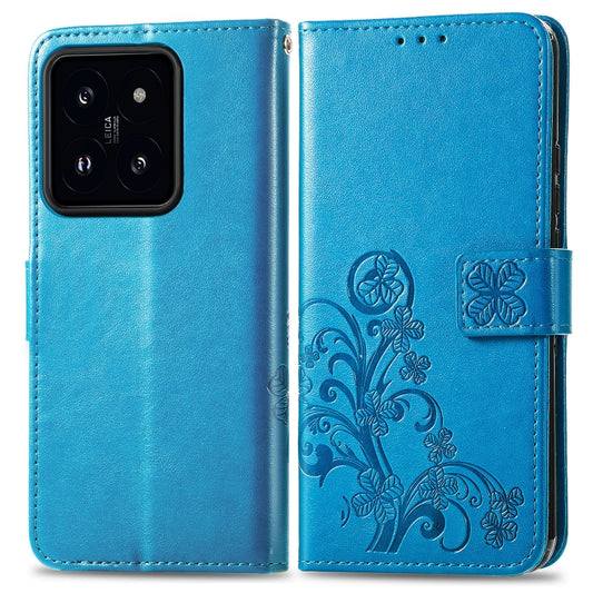 For Xiaomi 14 Four-leaf Clasp Embossed Leather Phone Case(Blue) by buy2fix