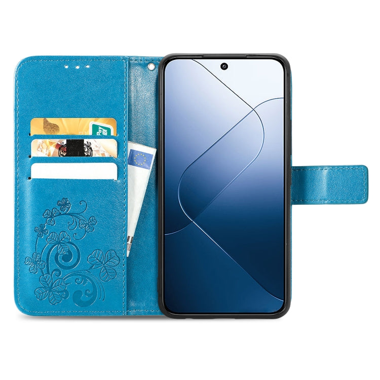 For Xiaomi 14 Four-leaf Clasp Embossed Leather Phone Case(Blue) - Xiaomi Cases by buy2fix | Online Shopping UK | buy2fix