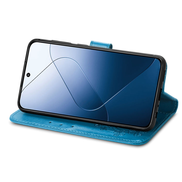 For Xiaomi 14 Four-leaf Clasp Embossed Leather Phone Case(Blue) - Xiaomi Cases by buy2fix | Online Shopping UK | buy2fix