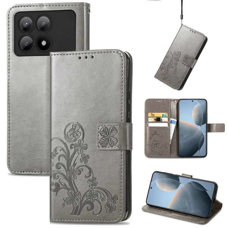 For Xiaomi Redmi K70E Four-leaf Clasp Embossed Leather Phone Case(Gray) - Xiaomi Cases by buy2fix | Online Shopping UK | buy2fix