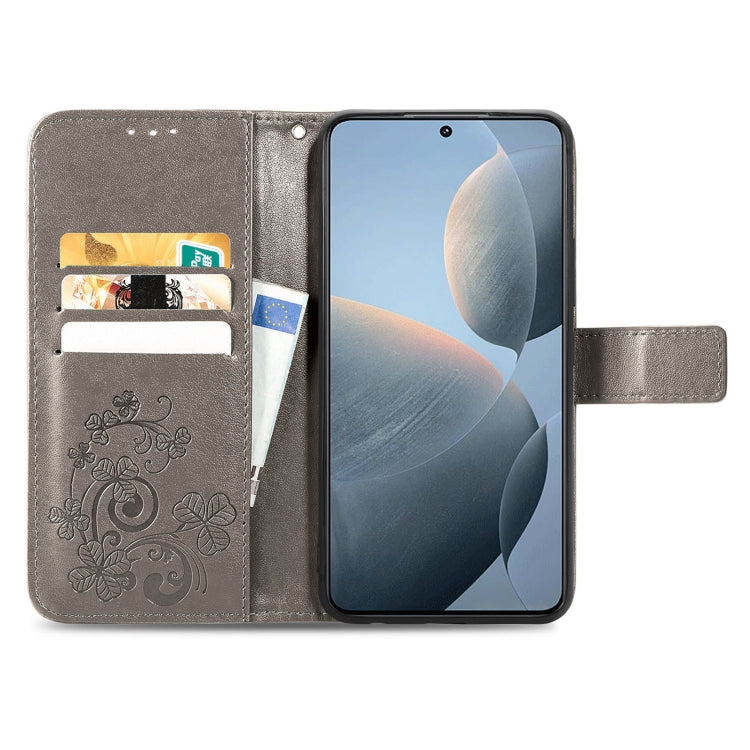 For Xiaomi Redmi K70E Four-leaf Clasp Embossed Leather Phone Case(Gray) - Xiaomi Cases by buy2fix | Online Shopping UK | buy2fix