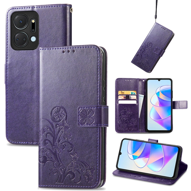 For Honor X7a Four-leaf Clasp Embossed Leather Phone Case(Purple) - Honor Cases by buy2fix | Online Shopping UK | buy2fix