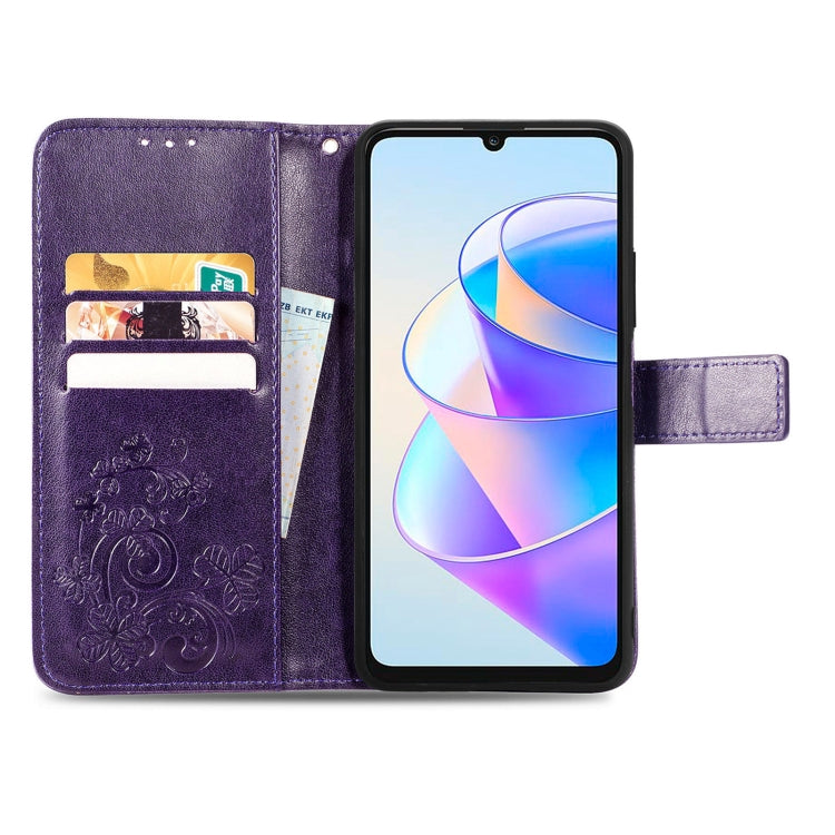For Honor X7a Four-leaf Clasp Embossed Leather Phone Case(Purple) - Honor Cases by buy2fix | Online Shopping UK | buy2fix