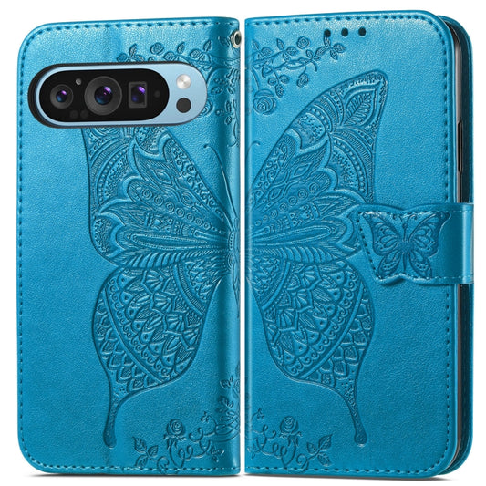 For Google Pixel 9 Butterfly Love Flower Embossed Leather Phone Case(Blue) by buy2fix