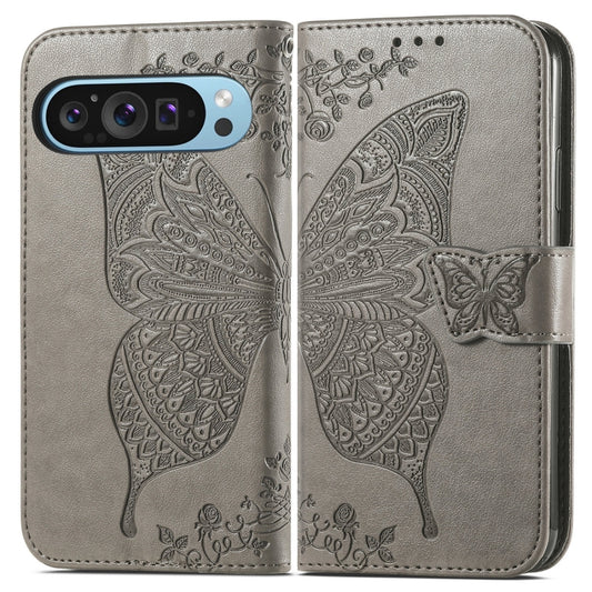 For Google Pixel 9 Butterfly Love Flower Embossed Leather Phone Case(Gray) by buy2fix