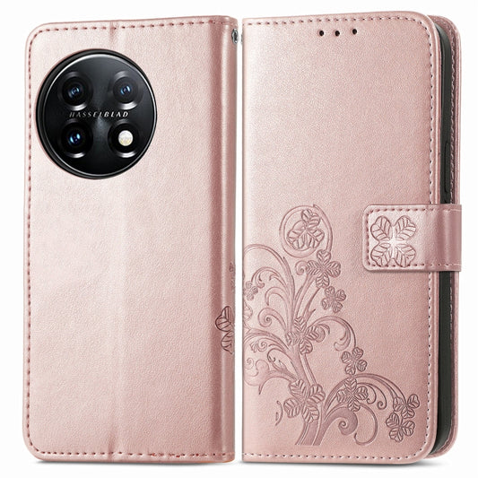 For OnePlus 11 Four-leaf Clasp Embossed Buckle Leather Phone Case(Rose Gold) by buy2fix