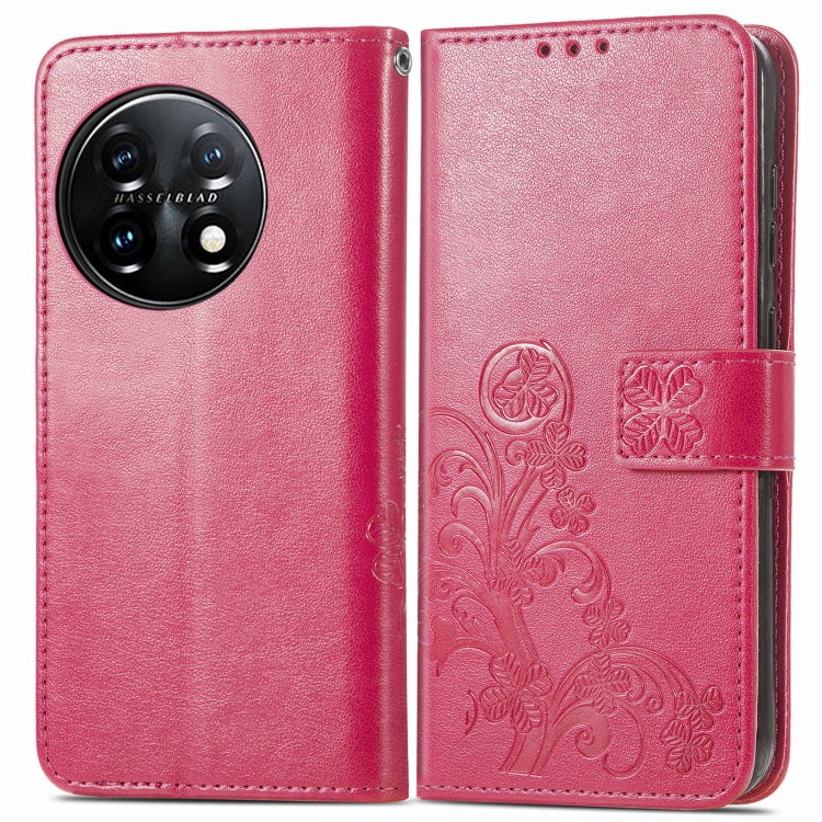 For OnePlus 11 Four-leaf Clasp Embossed Buckle Leather Phone Case(Rose) - OnePlus Cases by buy2fix | Online Shopping UK | buy2fix