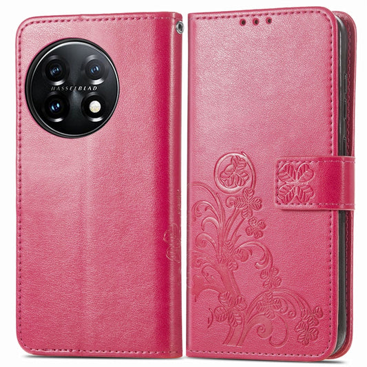 For OnePlus 11 Four-leaf Clasp Embossed Buckle Leather Phone Case(Rose) by buy2fix