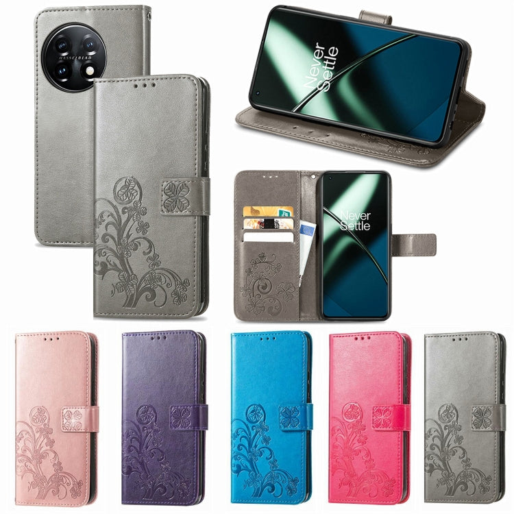 For OnePlus 11 Four-leaf Clasp Embossed Buckle Leather Phone Case(Rose) - OnePlus Cases by buy2fix | Online Shopping UK | buy2fix