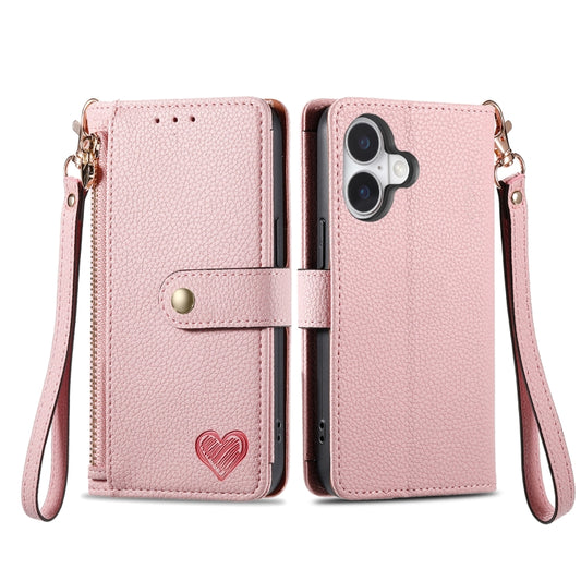 For iPhone 16 Plus Love Zipper Lanyard Leather Phone Case(Pink) by buy2fix