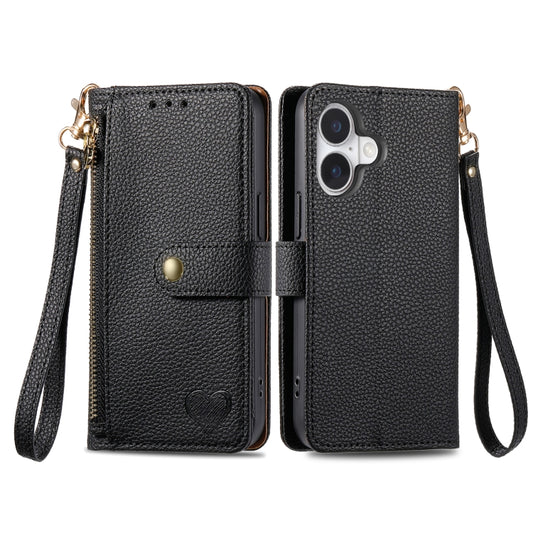 For iPhone 16 Pro Max Love Zipper Lanyard Leather Phone Case(Black) by buy2fix