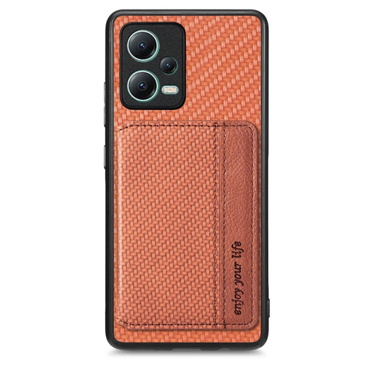 For Redmi Note 12 5G Carbon Fiber Magnetic Card Bag Phone Case(Brown) by buy2fix