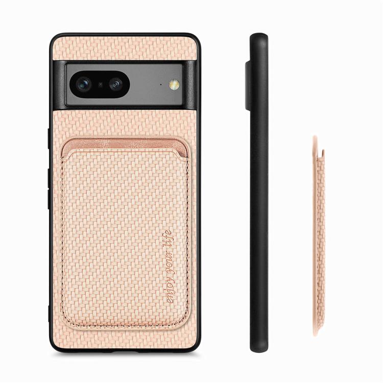 For Google Pixel 7 Carbon Fiber Leather Card Magsafe Phone Case(Khaki) - Google Cases by buy2fix | Online Shopping UK | buy2fix