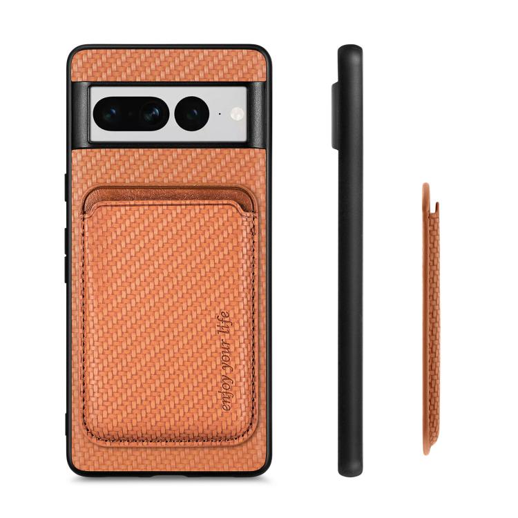 For Google Pixel 7 Pro Carbon Fiber Leather Card Magsafe Phone Case(Brown) - Google Cases by buy2fix | Online Shopping UK | buy2fix