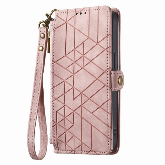For iPhone 14 Geometric Zipper Wallet Side Buckle Leather Phone Case(Pink) by buy2fix