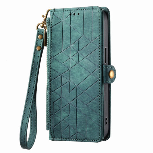 For iPhone 14 Pro Geometric Zipper Wallet Side Buckle Leather Phone Case(Green) by buy2fix