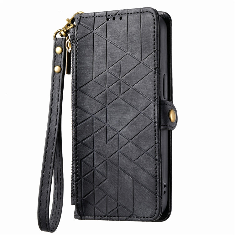 For iPhone 13 Geometric Zipper Wallet Side Buckle Leather Phone Case(Black) - iPhone 13 Cases by buy2fix | Online Shopping UK | buy2fix