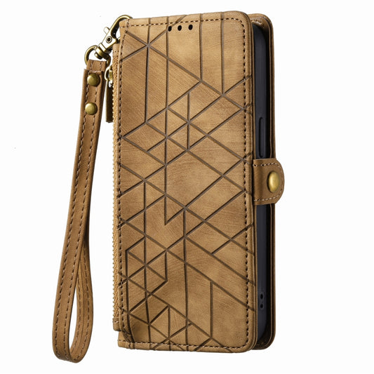 For iPhone 13 Pro Geometric Zipper Wallet Side Buckle Leather Phone Case(Brown) by buy2fix