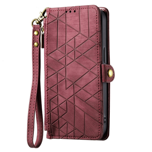 For iPhone 15 Geometric Zipper Wallet Side Buckle Leather Phone Case(Red) by buy2fix