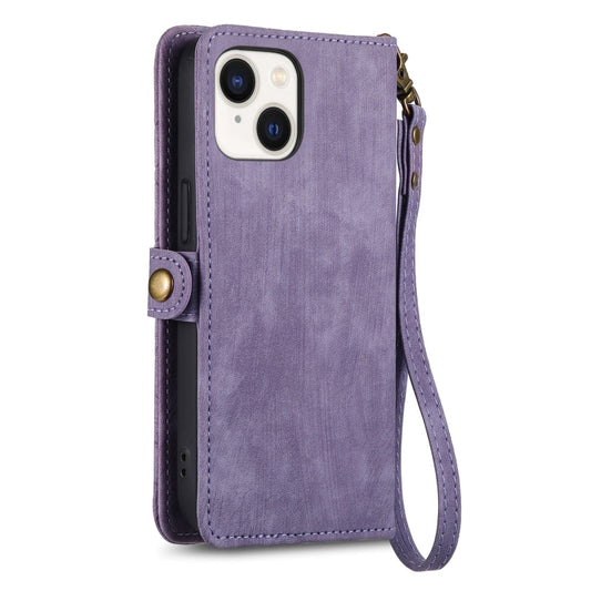 For iPhone 15 Plus Geometric Zipper Wallet Side Buckle Leather Phone Case(Purple) by buy2fix