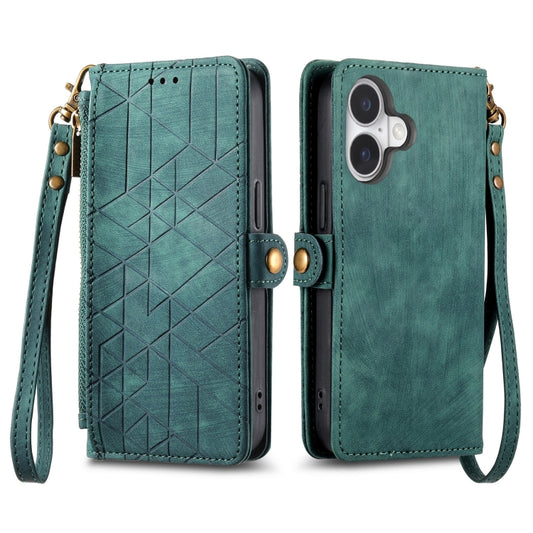 For iPhone 16 Geometric Zipper Wallet Side Buckle Leather Phone Case(Green) by buy2fix