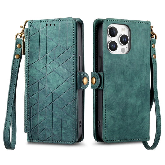 For iPhone 16 Pro Geometric Zipper Wallet Side Buckle Leather Phone Case(Green) by buy2fix