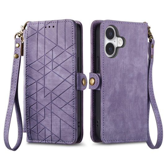 For iPhone 16 Plus Geometric Zipper Wallet Side Buckle Leather Phone Case(Purple) by buy2fix