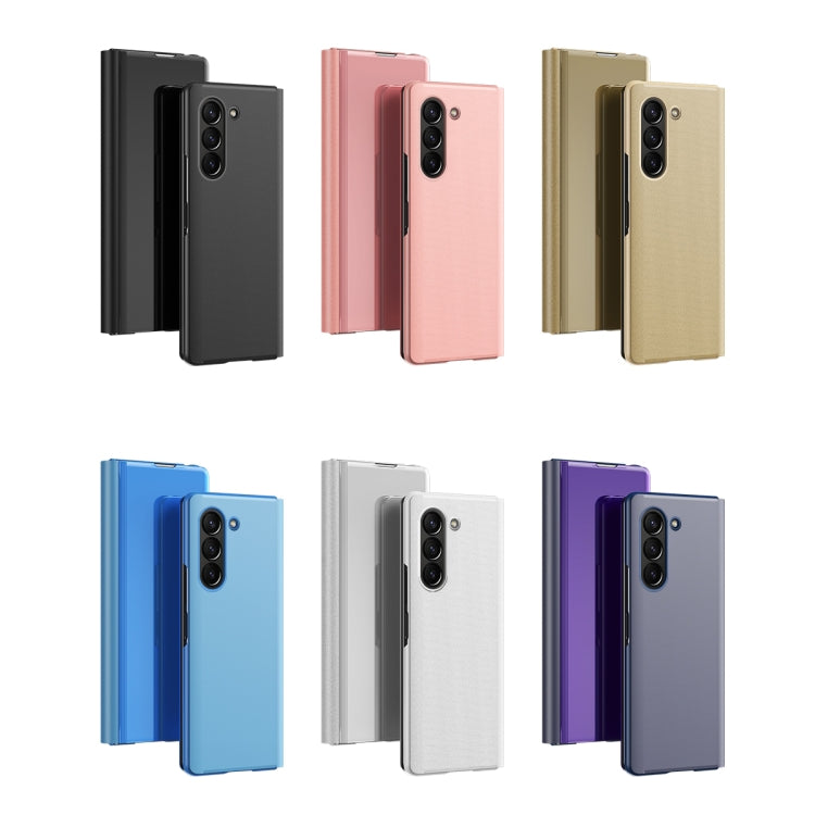 For Samsung Galaxy Z Fold6 Plated Mirror Horizontal Flip Leather Phone Case with Holder(Black) - Galaxy Z Fold6 5G Cases by buy2fix | Online Shopping UK | buy2fix