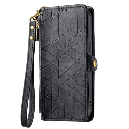 For Samsung Galaxy S21 FE 5G Geometric Zipper Wallet Side Buckle Leather Phone Case(Black) by buy2fix