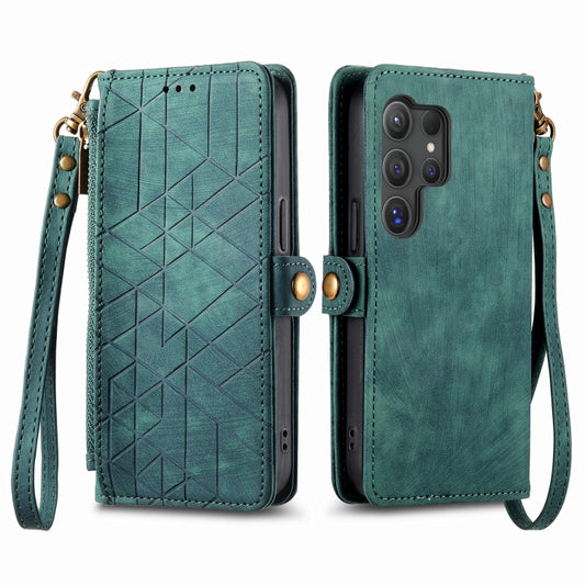For Samsung Galaxy S25 Ultra 5G Geometric Zipper Wallet Side Buckle Leather Phone Case(Green) by buy2fix