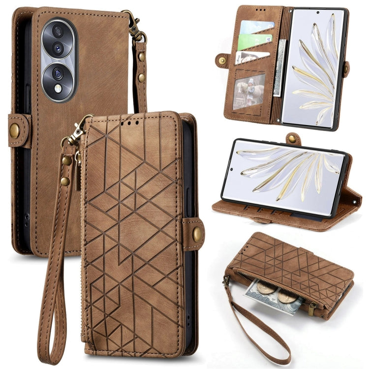 For Honor 70 Geometric Zipper Wallet Side Buckle Leather Phone Case(Brown) - Honor Cases by buy2fix | Online Shopping UK | buy2fix