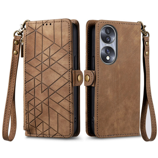 For Honor 70 Geometric Zipper Wallet Side Buckle Leather Phone Case(Brown) by buy2fix